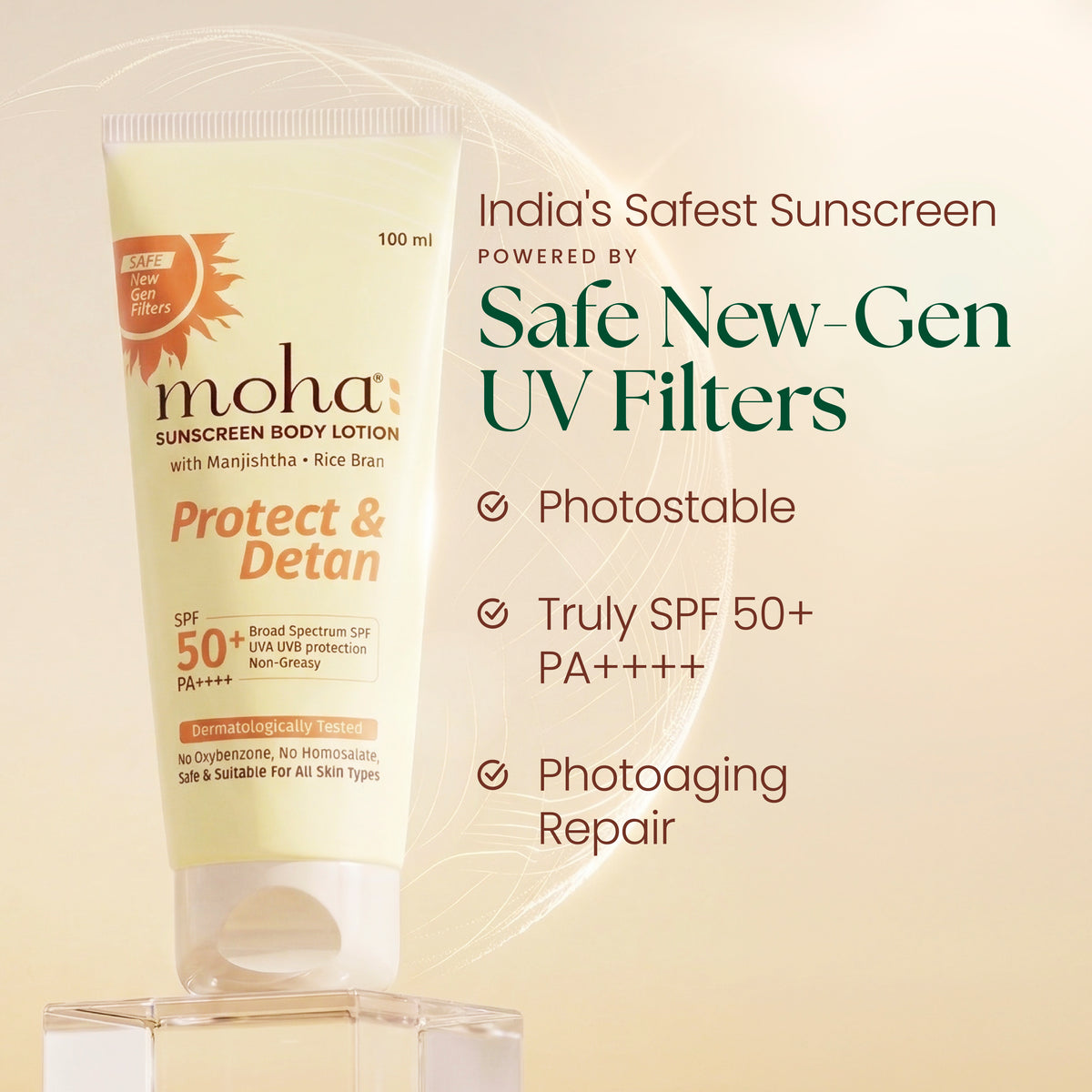 Body Sunscreen for SPF 50+ PA++++ with Safe & Photostable new gen filter & advanced skin repair botanicals